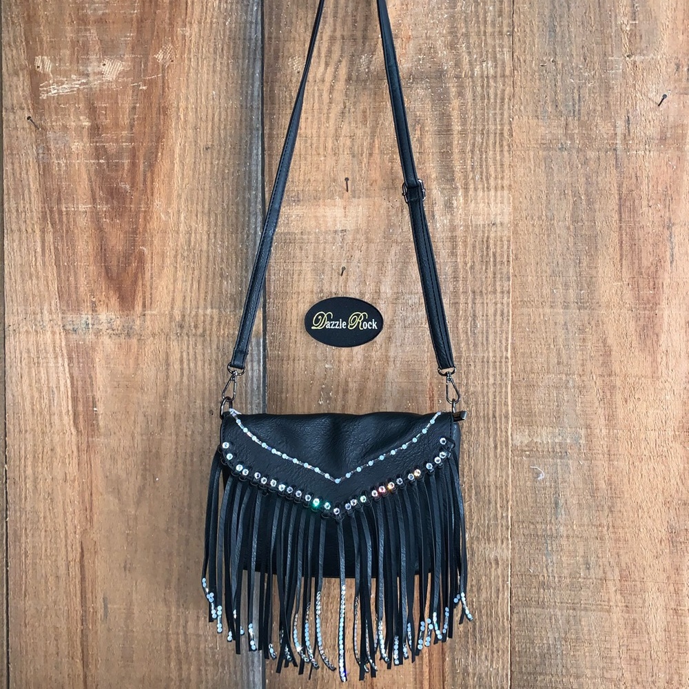 Jeweled crossbody purse with fringe.